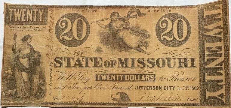 $20 State of Missouri Jefferson City Jan 1 1863 Series