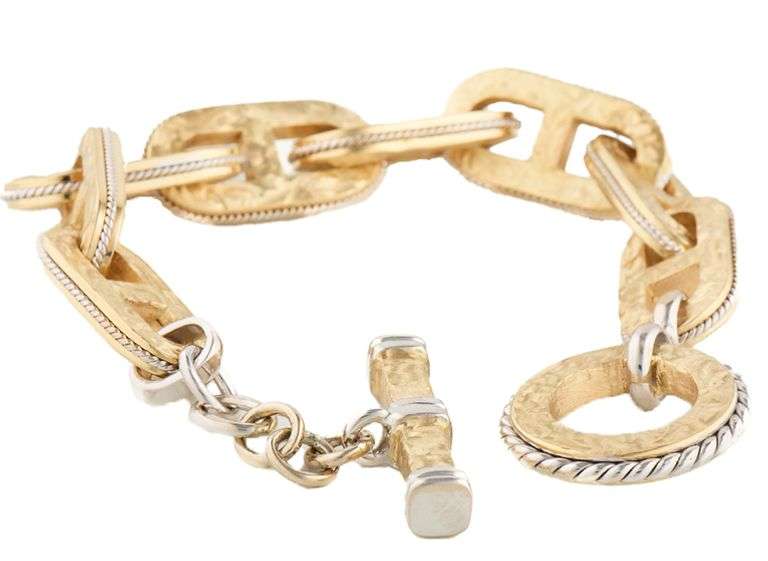 Italian Hammered Two Tone Marina Link Toggle Bracelet in 14K
