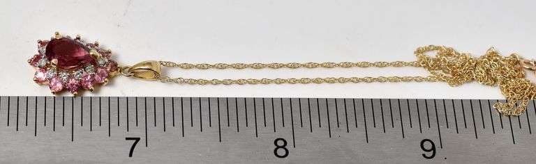 Stunning 14k Yellow Gold Pink Tourmaline and Diamond Pendant Necklace