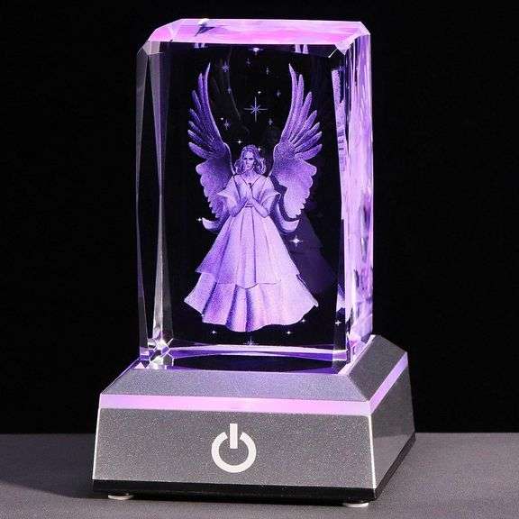 3D Crystal Guardian Angel with Colorful Light Base