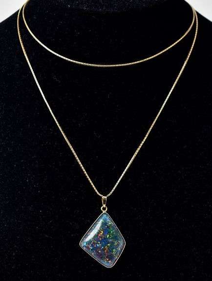 Colorful 14K Yellow Gold Black Opal Pendant Necklace
