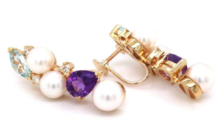 14kt Yellow gold marquise topaz, pear shaped amethyst, pearls and diamond earrings
