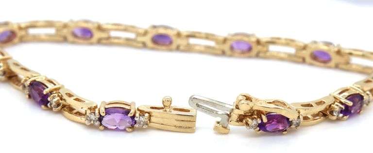 14kt Yellow gold oval amethyst and diamond station bracelet