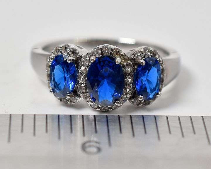 Synthetic Blue Sapphire and CZ Gemstone Ring in 925 Sterling Silver