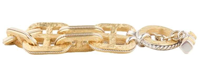 Italian Hammered Two Tone Marina Link Toggle Bracelet in 14K