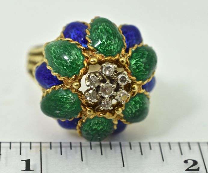 Vintage 14K Yellow Gold Enamel & Diamond Flower Ring
