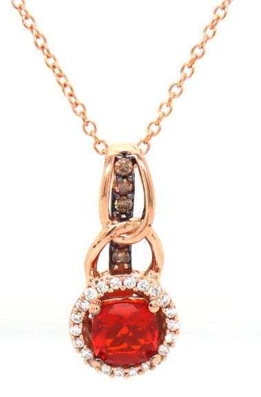 LeVian chocolatier cushion fire opal and white and chocolate diamond halo pendant on chain