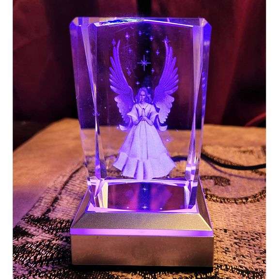 3D Crystal Guardian Angel with Colorful Light Base