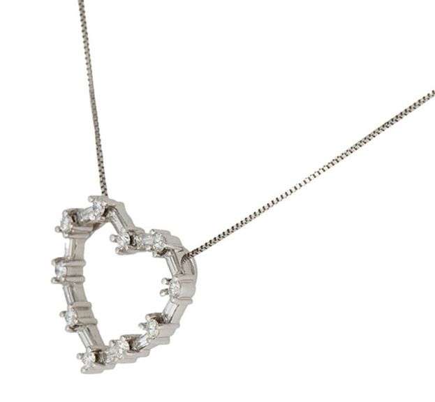 0.70ctw Baguette and Round Diamond Open Heart Pendant Necklace in 14K