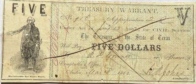 Jan  13 1862 $5 Texas Treasury Warrant