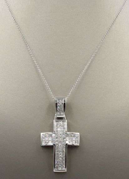 18kt White gold 5ctw Invisible set princess cut diamond cross pendant on chain