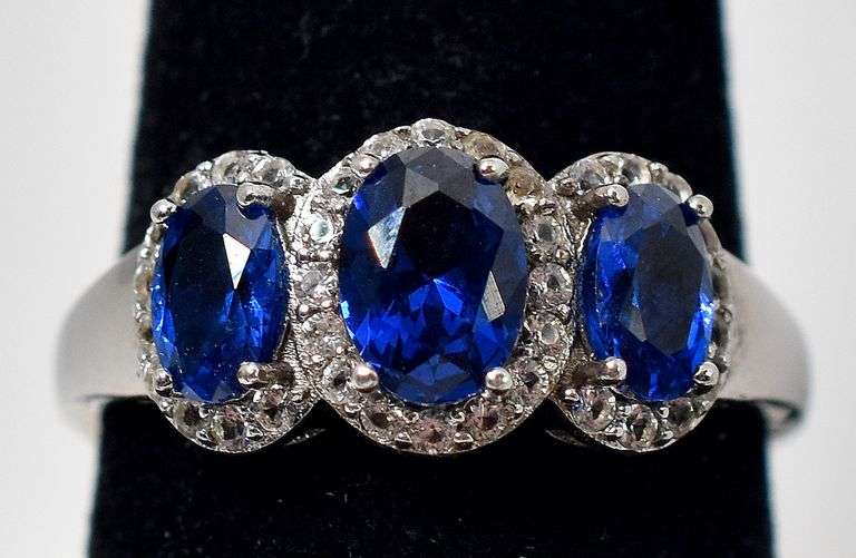 Synthetic Blue Sapphire and CZ Gemstone Ring in 925 Sterling Silver