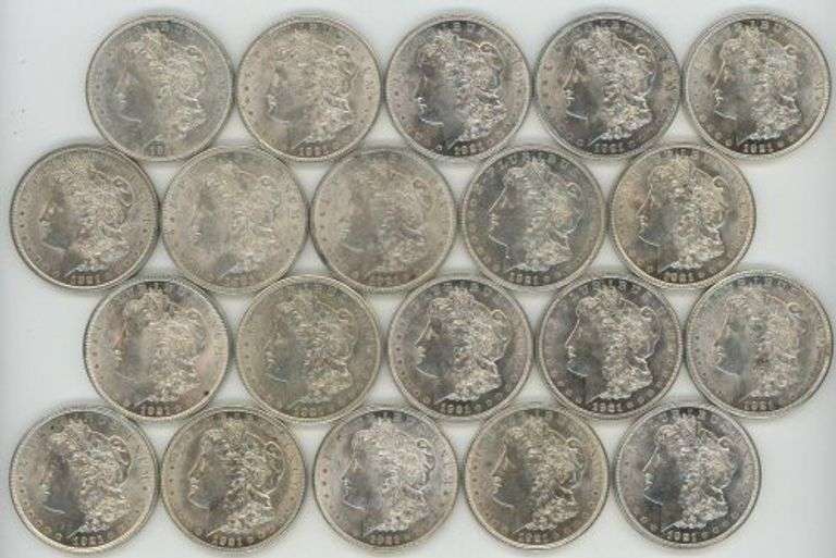 Frosty-white Choice BU Roll of 20 1921 Morgan Silver Dollars