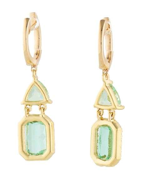 Emerald and Trillion Cut Prasiolite and 0.22ctw Diamond Frame Dangle Earrings in 14K