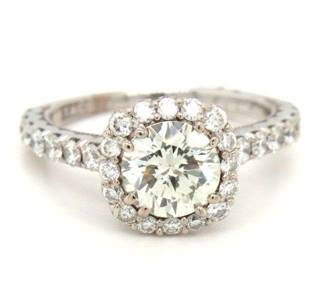 18kt White gold Tacori 1ct round brilliant cut and 0.65ctw diamond halo engagement ring