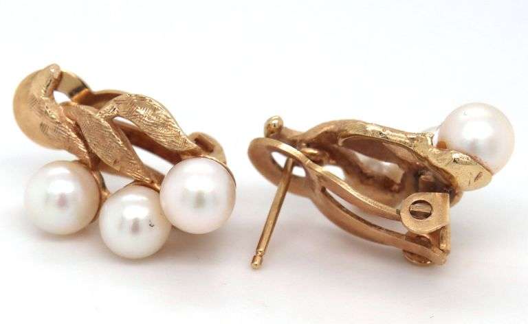 Pretty 14K YG Triple Pearl Estate Omega Back Earrings