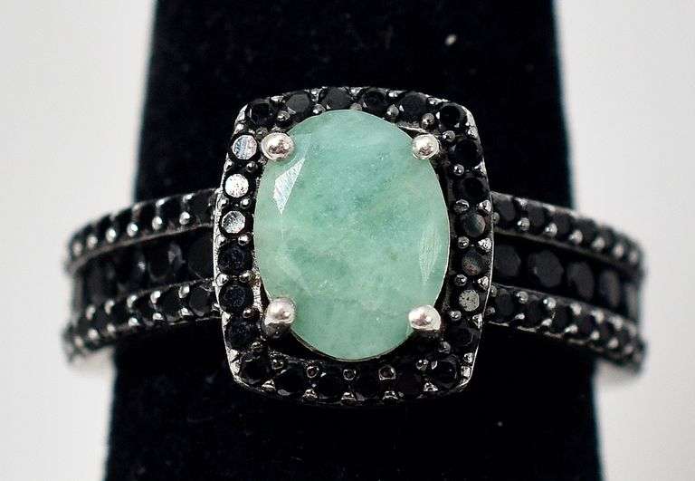 Emerald and Black Spinel Gemstone Ring in Sterling Silver