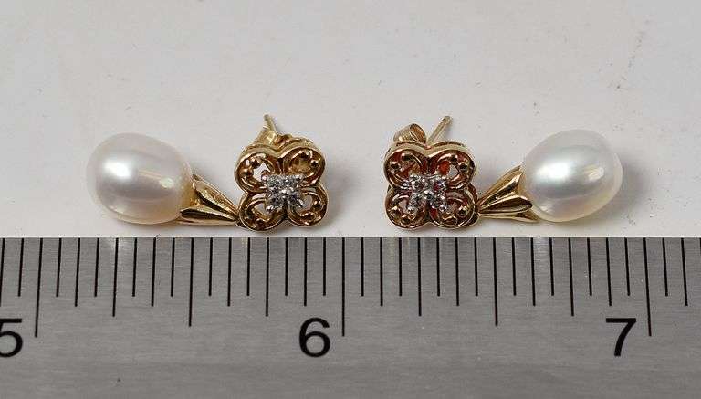 Sophisticate 10K Yellow Gold Pearl and Diamond Dangle Earrings