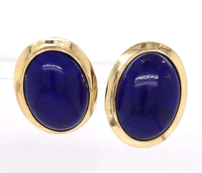 10kt Yellow gold oval Lapis earrings