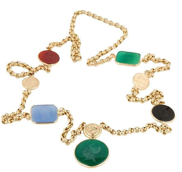 Multi Colored Carved Intaglio Station Pendant Necklace in 14K