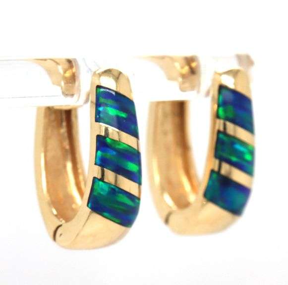 Pretty 14K YG Huggie Earrings with Opal Inlay