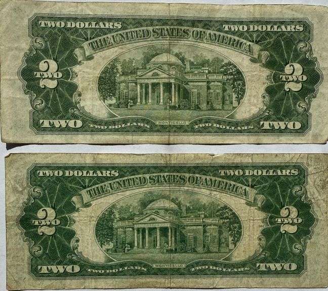 Two 1928  G Red Seal $2 US Notes