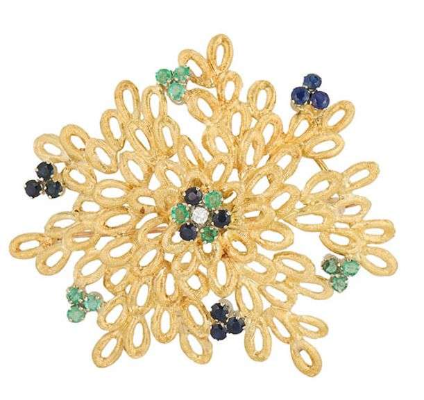 Vintage Toliro Emerald Sapphire and Diamond Brooch in 18K
