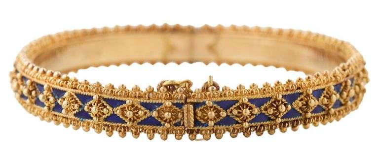 Retro Blue Enamel Etruscan Style Bangle Bracelet in 14K