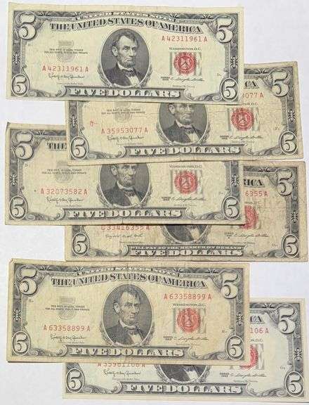6 1953 Circulated Red Seal US Notes