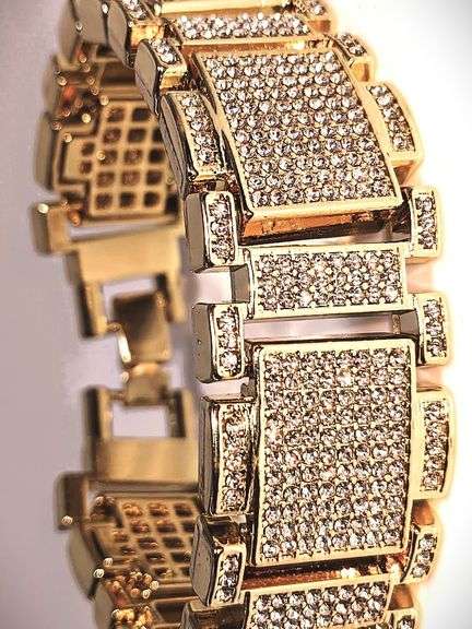 Huge 90 Gram 14 Kt Gold Plate Italian God Father Simualted Diamond Link Bracelet