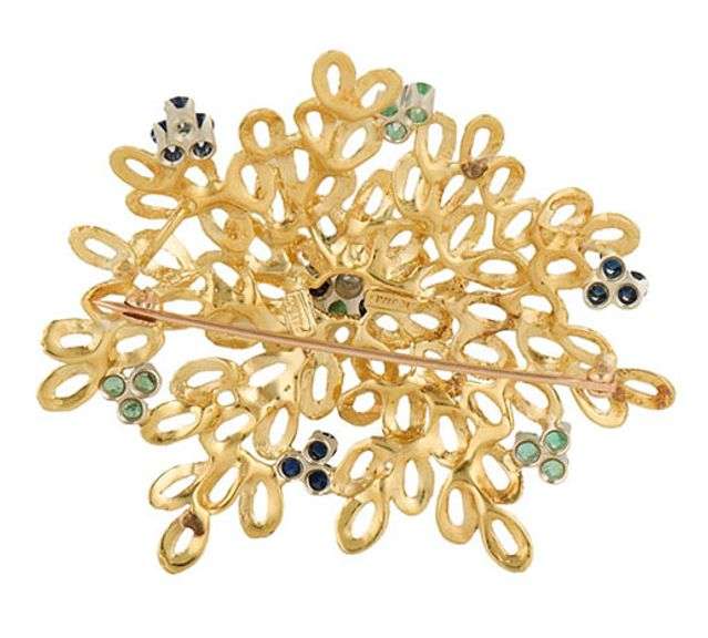 Vintage Toliro Emerald Sapphire and Diamond Brooch in 18K