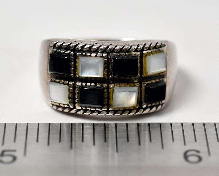Black Onyx and Mother of Pearl Gemstone Ring in Sterling Silver