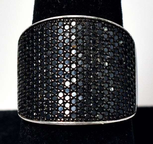 Wide Band Black Spinel Gemstone Ring in Sterling Silver