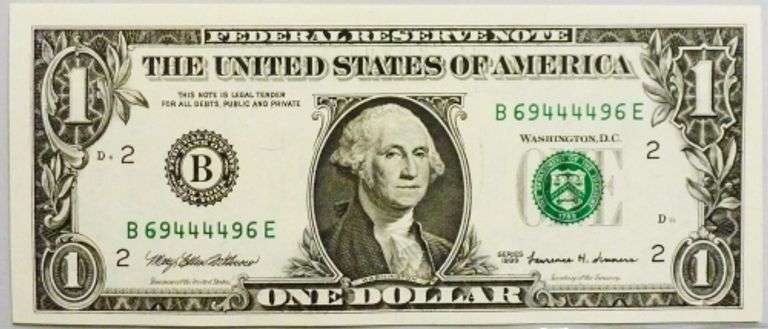 Superb Crisp 1999 $1 Note N.Y. Fancy Radar Number 69444496!