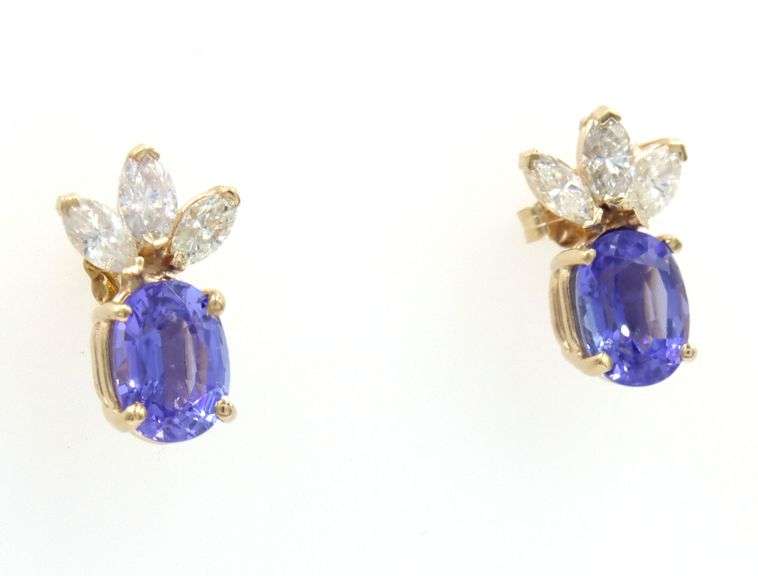 14kt Yellow gold oval tanzanite and diamond marquise stud earrings