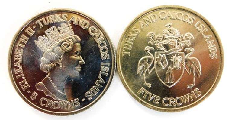 2 Turks and Caicos 5 Crowns Coins