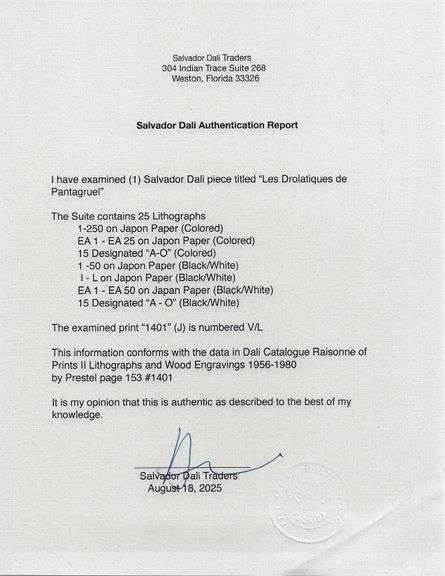 Exclusive Salvador Dali Hand-Signed Lithograph from 'Pantagruel' suite, 1973