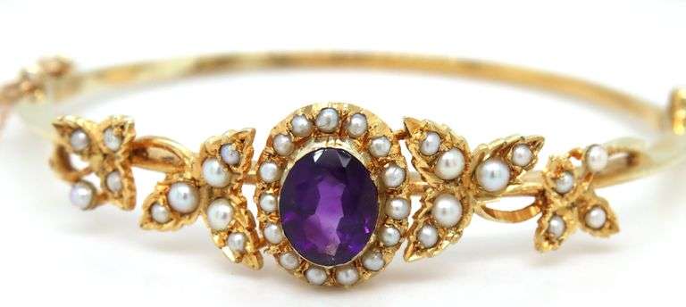 14kt Yellow gold 2.50ct amethyst and seed pearl bangle bracelet