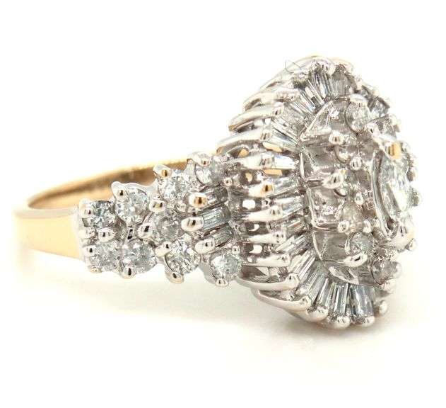 14kt Yellow gold 1ctw marquise, baguette and round diamond cluster ring