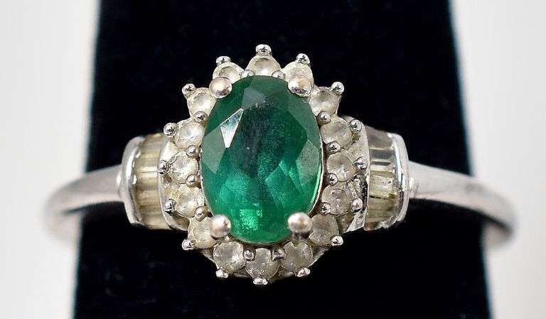 Emerald and CZ Gemstone Ring in Sterling Silver