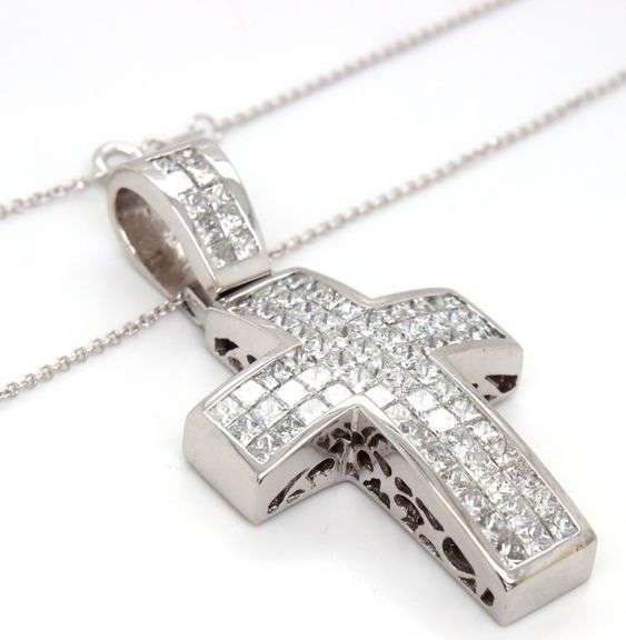 18kt White gold 5ctw Invisible set princess cut diamond cross pendant on chain