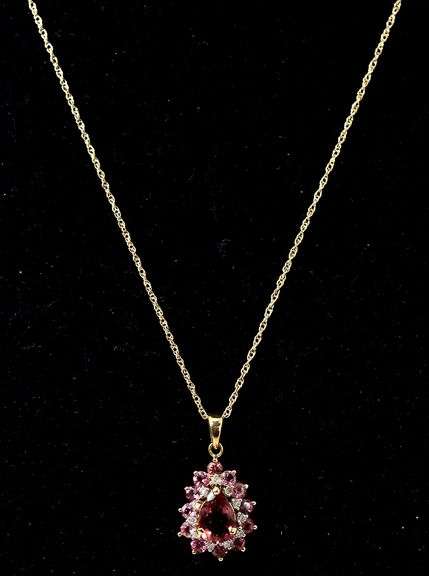 Stunning 14k Yellow Gold Pink Tourmaline and Diamond Pendant Necklace