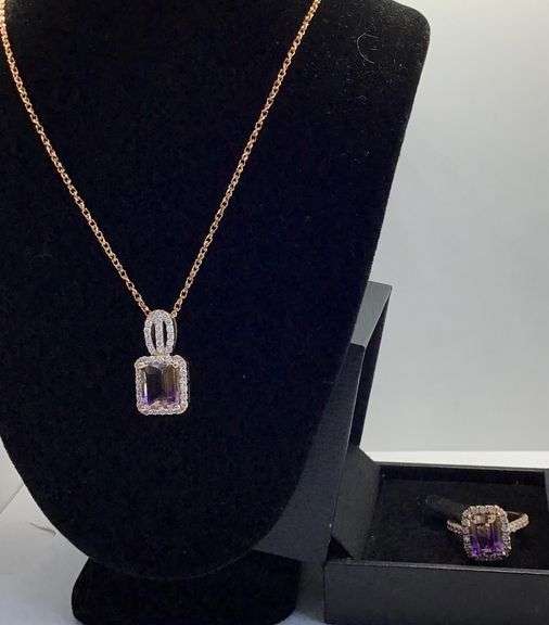 Set of 14K Rose Gold Chain with Diamonds & Bi-color Topaz Pendant & Ring