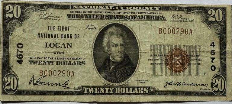$20 First Natl Bank  of Logan Utah 1929 Series NationaL Note