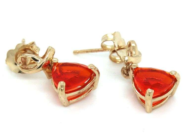 14kt Yellow gold Trillion fire opal dangle earrings