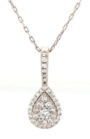 14kt White gold 0.36ctw double halo cluster teardrop pendant on chain