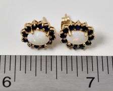 Colorful 14K Yellow Gold Opal and Blue Sapphire Gemstone Stud Earrings