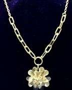 14K Yellow Gold Flower Pendant With Paper Clip Link Chain