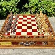 Luxury Chess Set with Metal Pieces and Wooden Storage Board