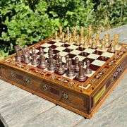 Luxury Chess Set with Metal Pieces and Wooden Storage Board